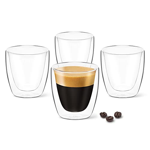 Set of four 3oz DLux double-walled espresso cups made from clear borosilicate glass, featuring an elegant floating effect and insulated design for maintaining beverage temperature