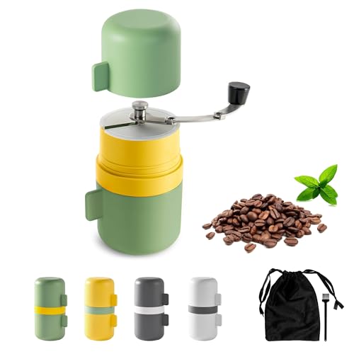 Light green portable manual coffee grinder with foldable handle and built-in cups, perfect for camping and travel