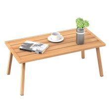 Small rectangular metal outdoor coffee table with a wood-look top, ideal for patios and gardens. Features a durable EPP powder-coated steel frame and easy-to-clean surface