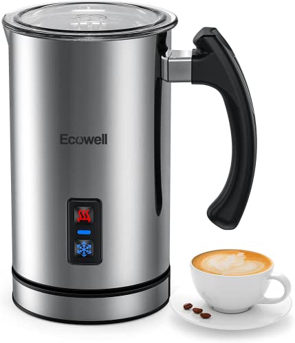 Silver automatic milk frother and steamer with stainless steel finish, shown frothing milk for coffee, featuring a sleek design, ergonomic spout, and easy-to-clean surface.