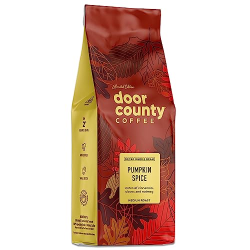 Door County Pumpkin Spice Decaf Coffee – 8 oz Whole Bean Bag featuring seasonal fall flavors of cinnamon, cloves, and nutmeg