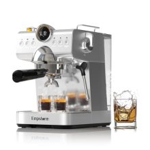 20 bar espresso machine with cold brew function and milk frother, designed for hot and cold coffee, featuring a compact design and easy-to-clean parts.