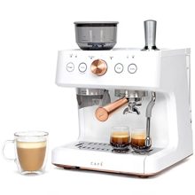 Matte white Café Bellissimo Semi-Automatic Espresso Machine with built-in grinder, 15-bar Italian pump, and 95-ounce water reservoir, featuring WiFi connectivity and steam frother.