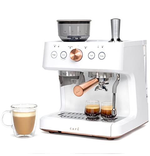 Matte white Café Bellissimo Semi-Automatic Espresso Machine with built-in grinder, 15-bar Italian pump, and 95-ounce water reservoir, featuring WiFi connectivity and steam frother.