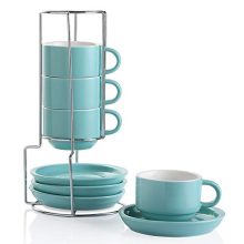 Set of 4 Sweejar Porcelain Espresso Cups with Saucers and Metal Stand in Turquoise - 4oz Coffee Cups