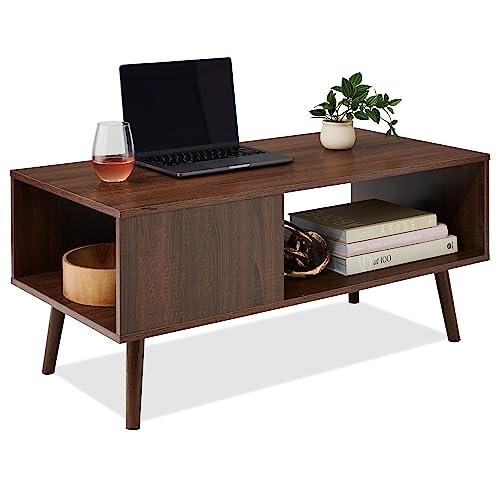 Mid-century modern walnut coffee table with open storage shelf, featuring a wood-grain finish and sturdy angled pine legs