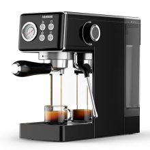 White compact espresso machine with 15-bar pressure, milk frother steam wand, and double-outlet portafilter. Stylish design with a removable water tank and detachable drip tray, perfect for home use.