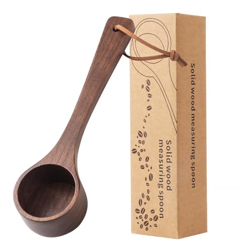 Set of YIMOXUE measuring spoons made from natural walnut wood, featuring an ergonomic design with a long handle and lanyard for easy storage