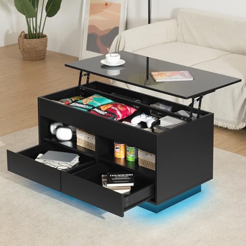 Modern black lift top coffee table with LED lights and multiple storage compartments, featuring a high gloss finish and sleek design perfect for contemporary living rooms.