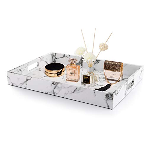 Fasmov 17"x12" Faux Leather Marble Serving Tray with Handles – Stylish and Functional Tray for Coffee Tables, Kitchens, and Bathrooms.