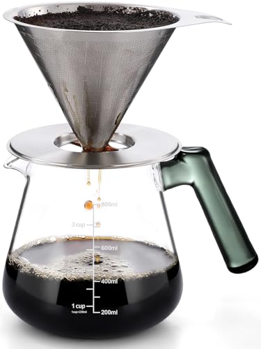 28oz Aquach Glass Pour Over Coffee Maker with Stainless Steel Dripper – Eco-Friendly Manual Coffee Brewer