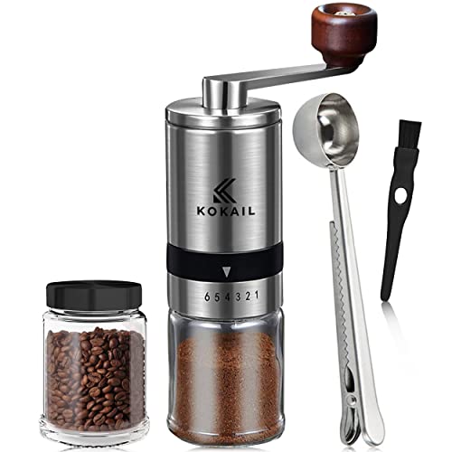 KOKAIL Manual Coffee Bean Grinder Set – Includes Ceramic Grinder with Adjustable Settings, Extra Glass Jar, Cleaning Brush, Spoon, and Velvet Storage Bag"