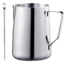 High-quality 50oz stainless steel milk frothing pitcher with latte art pen, showcasing a sleek, durable design perfect for frothing and steaming milk.