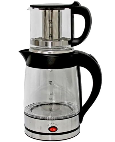 Middle Eastern Electric Samovar with Glass Kettle and Stainless Steel Filter, featuring a Cordless Design and LED Indicator Lights.