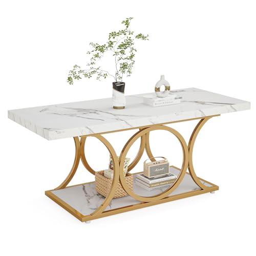 White rectangle coffee table with faux marble top and gold metal legs, featuring a 2-tier design for storage. Modern and elegant center table for living room decor. 