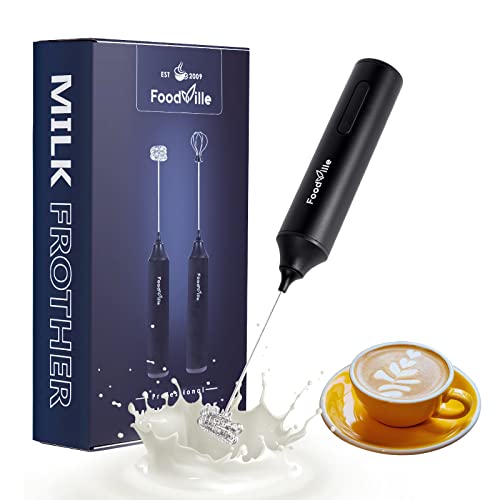 FoodVille MF05 Rechargeable Milk Frother – Handheld Electric Foam Maker with USB Charging, Stainless Steel Balloon Whisk for Cappuccinos and Lattes, Black