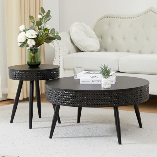 Modern Farmhouse Round End Table Set with Hidden Storage – Iron and Rattan Design for Living Room, Balcony, and Patio (Black)