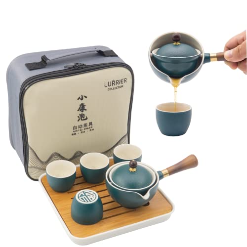 Portable Chinese Gongfu Tea Set with 360-Degree Rotatable Teapot – Green Ceramic Tea Maker with Infuser, Ideal for Travel and Home Use