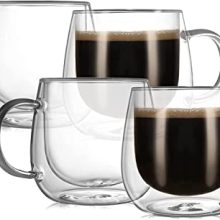 Set of four clear 10oz double-walled glass espresso mugs, showcasing an elegant design ideal for maintaining hot or cold beverage temperatures.