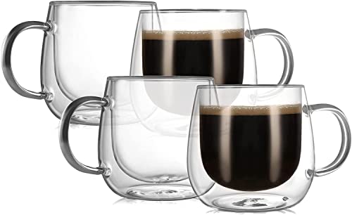 Set of four clear 10oz double-walled glass espresso mugs, showcasing an elegant design ideal for maintaining hot or cold beverage temperatures.