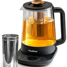 Feekaa Electric Glass Tea Kettle with Removable Infuser, featuring 10 smart menus and 1.5L capacity in elegant black design.