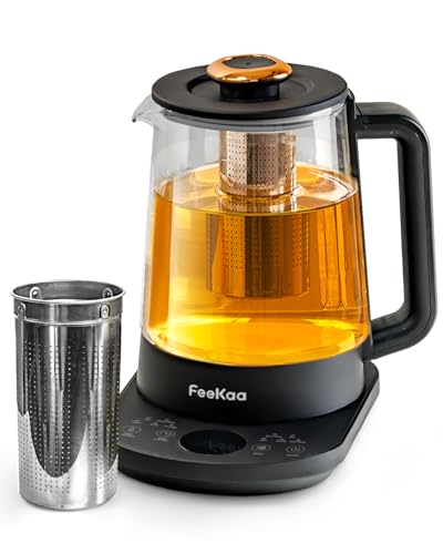 Feekaa Electric Glass Tea Kettle with Removable Infuser, featuring 10 smart menus and 1.5L capacity in elegant black design.