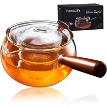 PARACITY Japanese Kyusu Glass Teapot with Wooden Handle and Infuser - Stovetop Safe Teapot for Blooming and Loose Leaf Tea, 11.8 oz