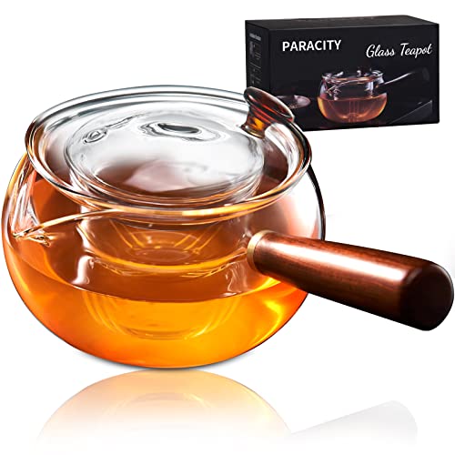 PARACITY Japanese Kyusu Glass Teapot with Wooden Handle and Infuser - Stovetop Safe Teapot for Blooming and Loose Leaf Tea, 11.8 oz