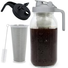 64 oz Mason Jar Cold Brew Coffee Maker with stainless steel filter, ergonomic handle, and flip cap lids, perfect for iced coffee and tea.