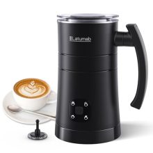 Latumab 4-in-1 Electric Milk Frother in Beige, designed for making warm and cold foam, hot milk, and hot chocolate. Ideal for home use with one-button control and automatic shut-off