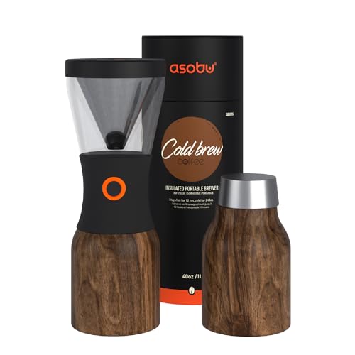 Coldbrew Portable Cold Brew Coffee Maker with 1-liter stainless steel carafe, featuring a wooden finish, vacuum insulation, and a spill-proof mug. 