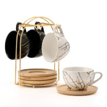 Stackable LUKA Ceramic Espresso Cups with Saucers and Metal Stand in Black and White - Set of 4, 8 oz each