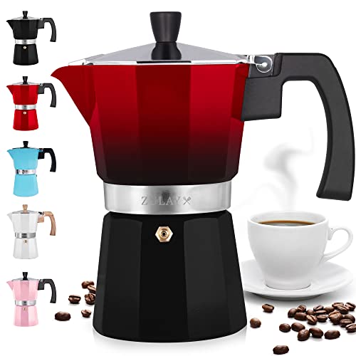 Zulay Kitchen Stovetop Espresso Maker - 3-Cup Moka Pot in Red/Black for Camping and Travel