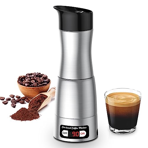 Portable 12V travel espresso maker with self-heating feature, designed for car, camping, and outdoor use, compatible with ground coffee and capsules.