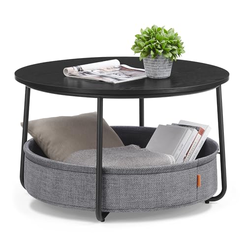 Modern Round Coffee Table with Fabric Storage Basket – Ink Black and Slate Gray Design for Living Room