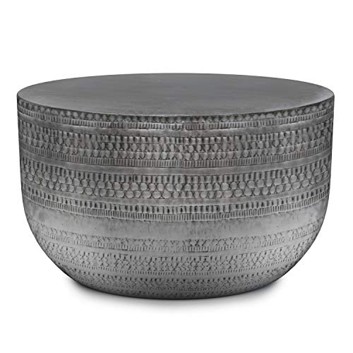 SIMPLIHOME Johnsen 30-inch round coffee table in antique silver finish. Handcrafted from premium iron metal with distinctive textured detail, fully assembled and perfect for living rooms and bedrooms