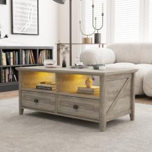 Farmhouse Coffee Table with LED Lights and Storage in Wash Gray, Featuring Rustic Design and Modern Functionality