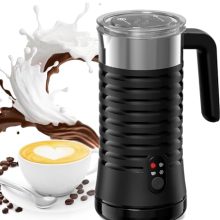 A sleek black Paris Rhône 4-in-1 electric milk frother with an ergonomic handle, standing on its base, featuring a non-stick interior and LED indicators