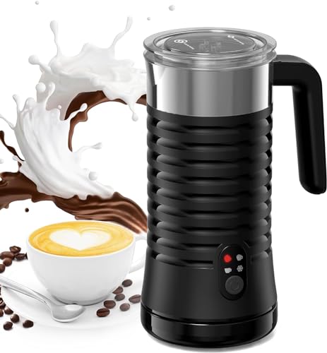 A sleek black Paris Rhône 4-in-1 electric milk frother with an ergonomic handle, standing on its base, featuring a non-stick interior and LED indicators