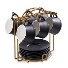 Set of 6 black espresso cups with matching saucers, neatly stacked in a space-saving iron holder. Perfect for serving espresso shots, with a modern matte black design ideal for any kitchen or dining setting.