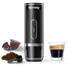 Portable espresso maker with self-heating feature, 80ml water tank, and compatibility with ground coffee, Nespresso, and Dolce Gusto pods. Ideal for travel, camping, and office use.