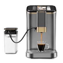 Gold Super Automatic Espresso Machine with built-in milk frother, milk container, and touch screen. Features 20 bar pressure, conical burr grinder, and adjustable coffee spout. Ideal for making espresso, cappuccino, and latte.