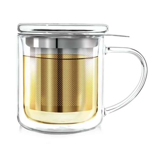 Teabloom Personal Tea Maker – Insulated Heatproof Glass Cup with Stainless Steel Infuser and Multi-Functional Lid for Loose Leaf Tea Brewing