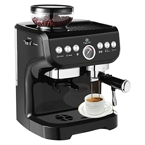 15-Bar Espresso Machine with Built-In Grinder and Steam Wand - Professional Stainless Steel Coffee Maker for Home and Office Use. 