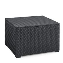 tylish grey Keter Corfu Coffee Table with hidden storage, featuring weather-resistant resin construction and modern open-woven design for outdoor patio use. 