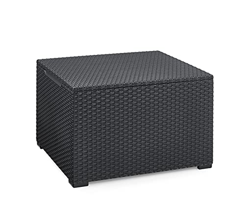 tylish grey Keter Corfu Coffee Table with hidden storage, featuring weather-resistant resin construction and modern open-woven design for outdoor patio use. 