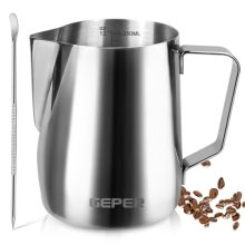 Stainless steel milk frothing pitcher with latte art pen, 350ml/600ml sizes, featuring a high-gloss finish and easy-pour spout