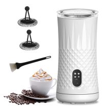 A sleek white Saicefe Electric Milk Frother with a diamond-shaped design, sitting on a kitchen counter, frothing milk into a clear glass mug filled with coffee, ready to create a perfect latte.