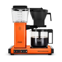 Moccamaster 10-Cup Coffee Maker in orange, featuring a brew-volume selector, quiet operation, and automatic shutoff, ideal for 40-ounce coffee pots.