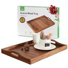 20x14 inch large acacia wooden serving tray with cutout handles and natural brown finish, perfect for coffee tables, ottomans, and breakfast in bed